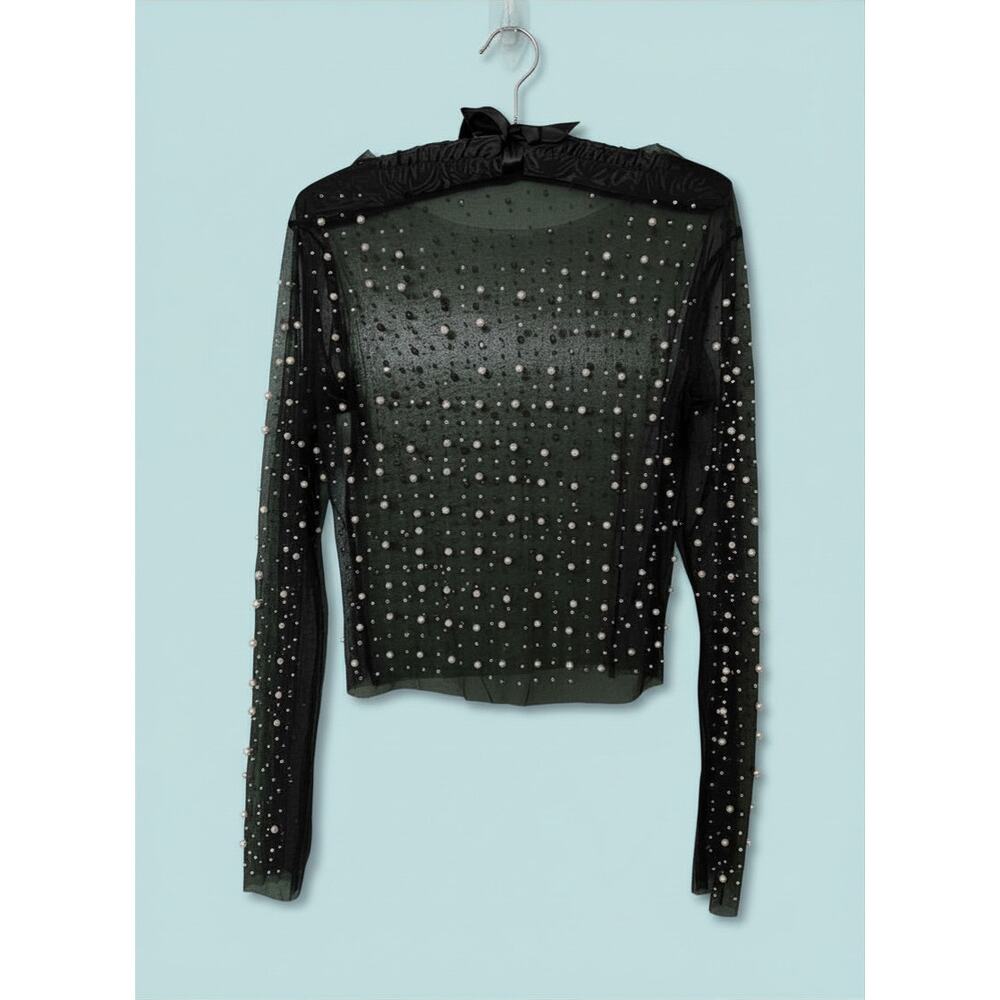 Pearl Rhinestone Sheer Mesh Top Black Sz XS